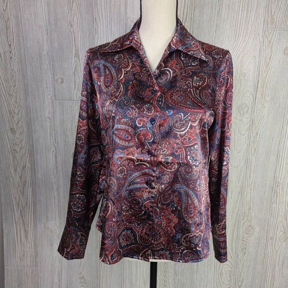 Kasper Womens Size 6P Button Front Shirt Red Blue Paisley Print Long Sleeve - Picture 1 of 10